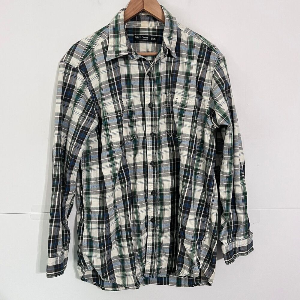 Faded Glory Mens Shirt Size L 42–44 Green White Checkered Long Sleeve Euc